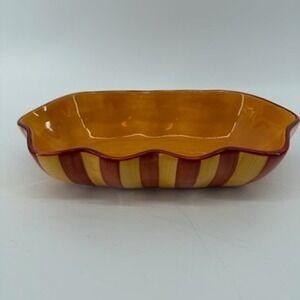 Gail Pittman Hand Painted Ceramic Striped Serving Bowl Scalloped Yellow Red 12in